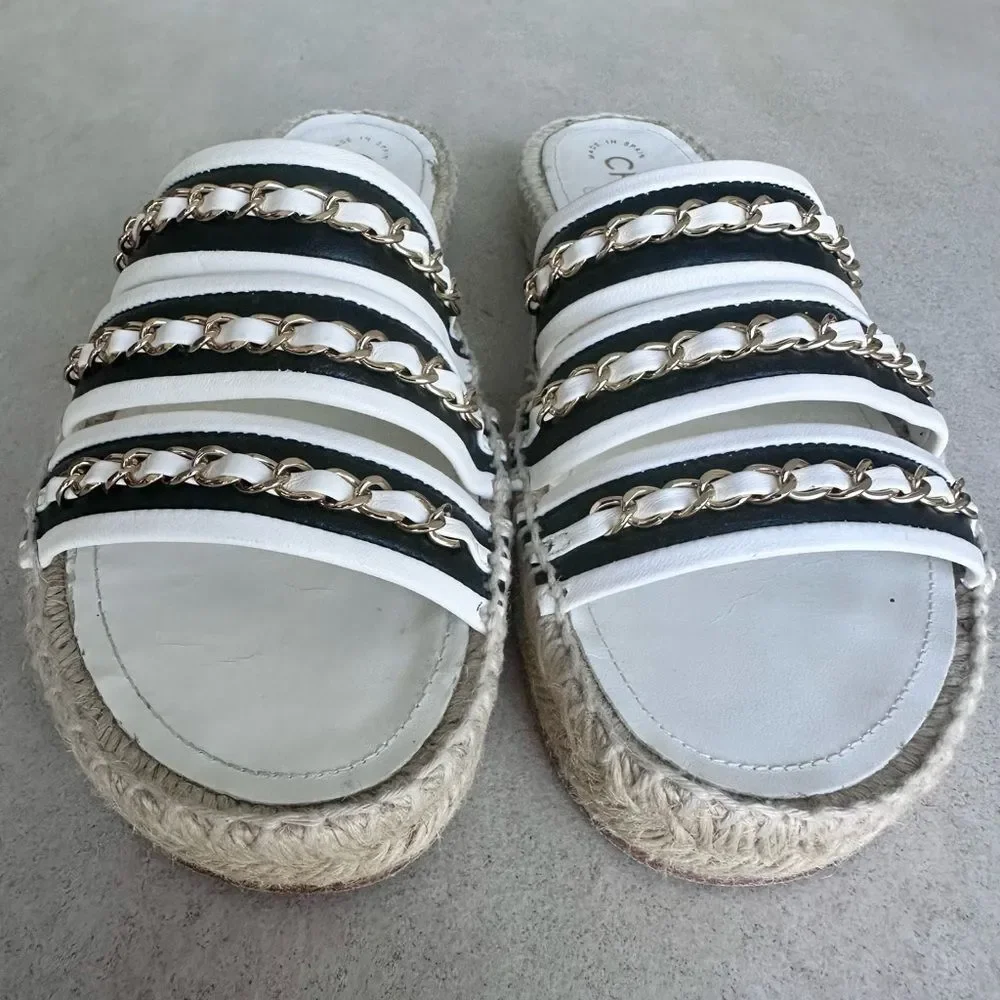 CHANEL Chain Lambskin Espadrille Slip On Sandals  EU 37 US 6-6.5 Black & White